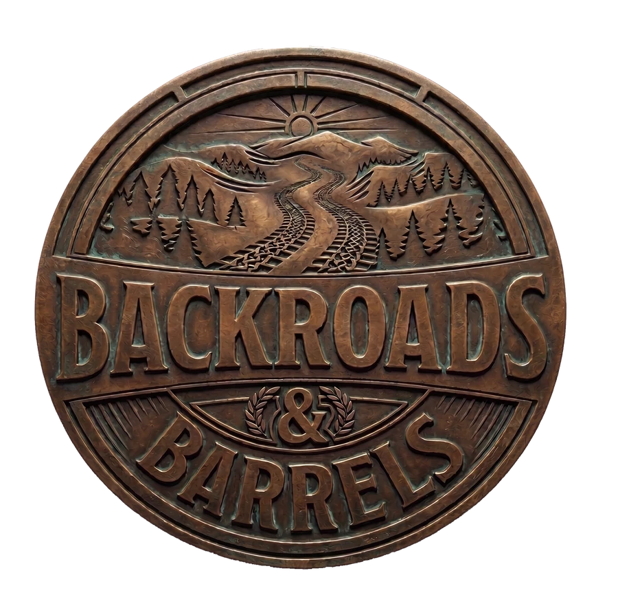 Backroads & Barrels — bronze badge logo with a winding mountain backroad through the Smokies